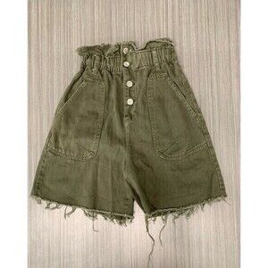 Zara women's green high rise paper bag twill shorts US Size 0 button fly